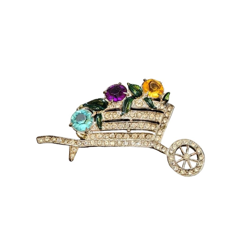 Antique Enameled Rhinestone and Pot Metal Wheel Barrel Brooch (A4871)